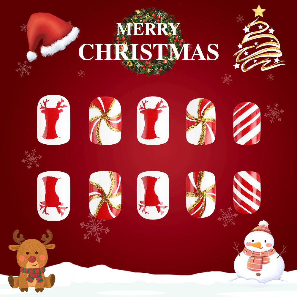 Festive Joy Short Square Red and White with Glittery Christmas Motifs Press On Nail Set