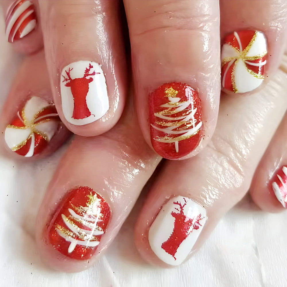 Festive Charm Short Round Red and White Holiday Nail Set with Glittering Christmas Designs