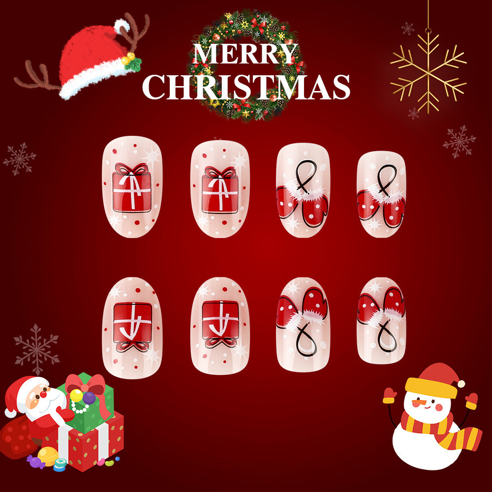 Festive Charm Red Short Oval Press On Nail Set with Gift and Bow Design