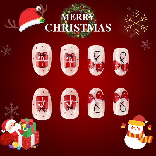 Festive Charm Red Short Oval Press On Nail Set with Gift and Bow Design