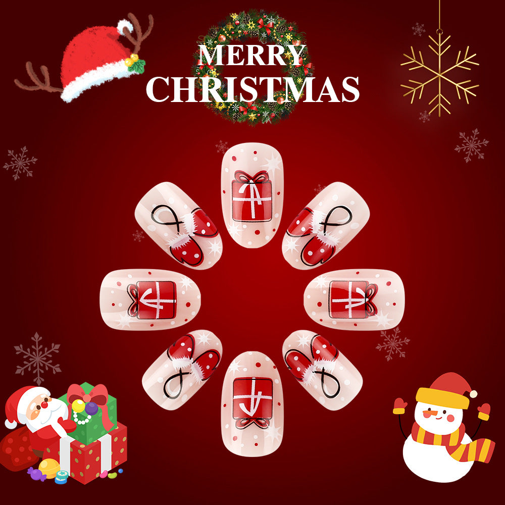 Festive Christmas Holiday Medium Almond Red and White Gift Design Press on Nail Set