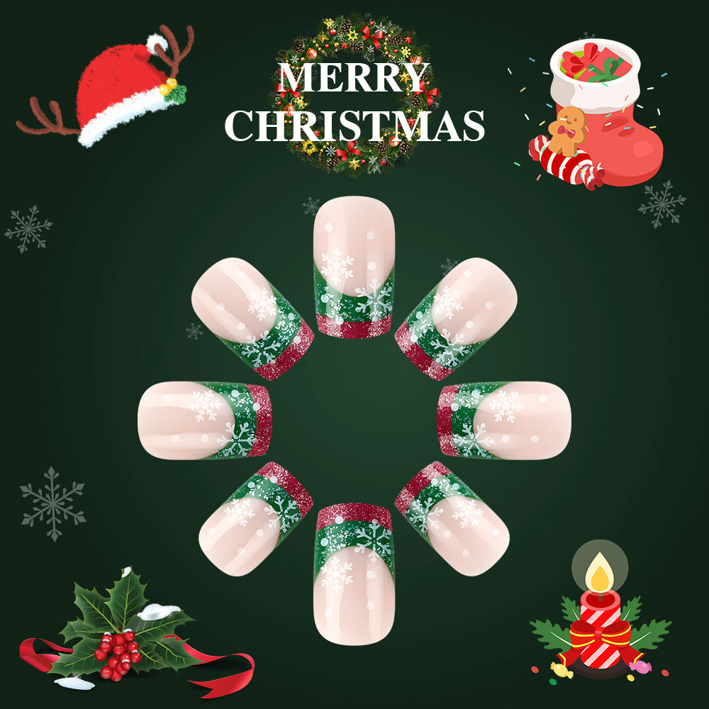 Festive Winter Wonderland Short Square Green and Red Sparkle with Snowflake Design Press-On Nail Set