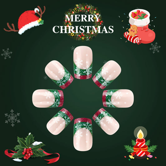 Festive Winter Wonderland Short Square Green and Red Sparkle with Snowflake Design Press-On Nail Set