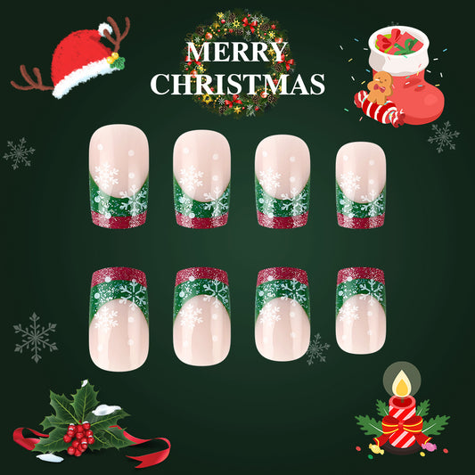 Festive Holiday Press on Nails Short Square Green and Red Sparkly Design with Snowflake Accents