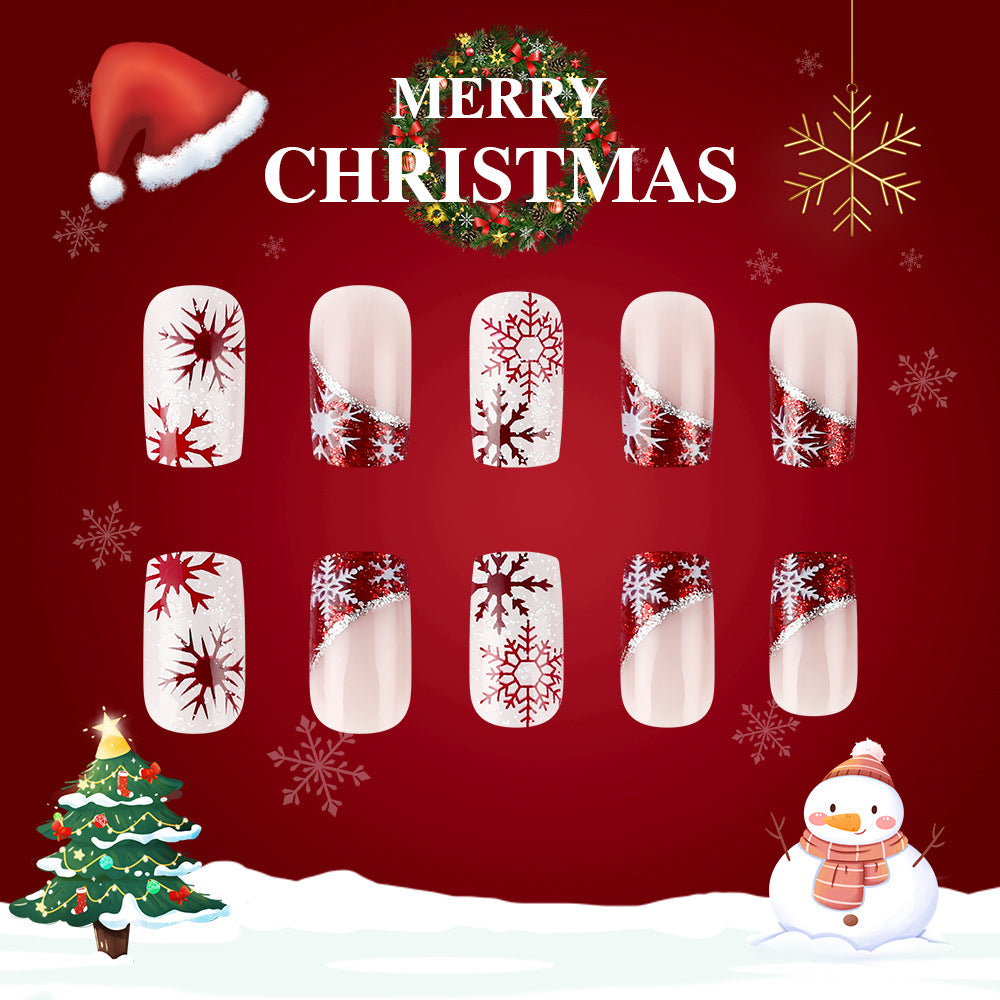 Festive Glittering Snowflake Red Short Square Nail Set with Sparkling Holiday Accents