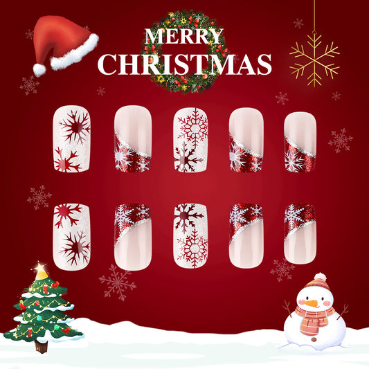 Festive Glittering Snowflake Red Short Square Nail Set with Sparkling Holiday Accents