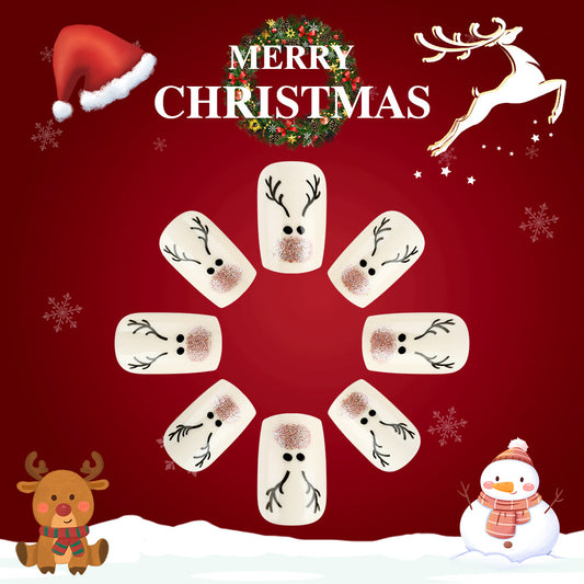 Festive Winter Wonderland Short Square White with Reindeer Design Press On Nail Set