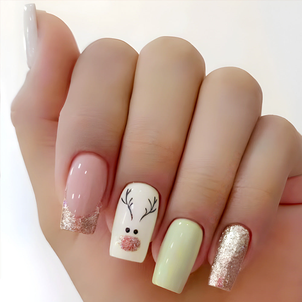 Festive Elegance Medium Square Glossy Pastel Green and Pink with Whimsical Reindeer Design and Sparkling Glitter Accents Press on Nail Set