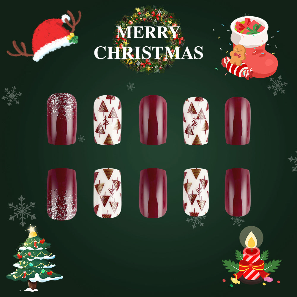Festive Winter Wonderland Medium Square Burgundy Nails with Sparkling Glitter and Charming Holiday Patterns