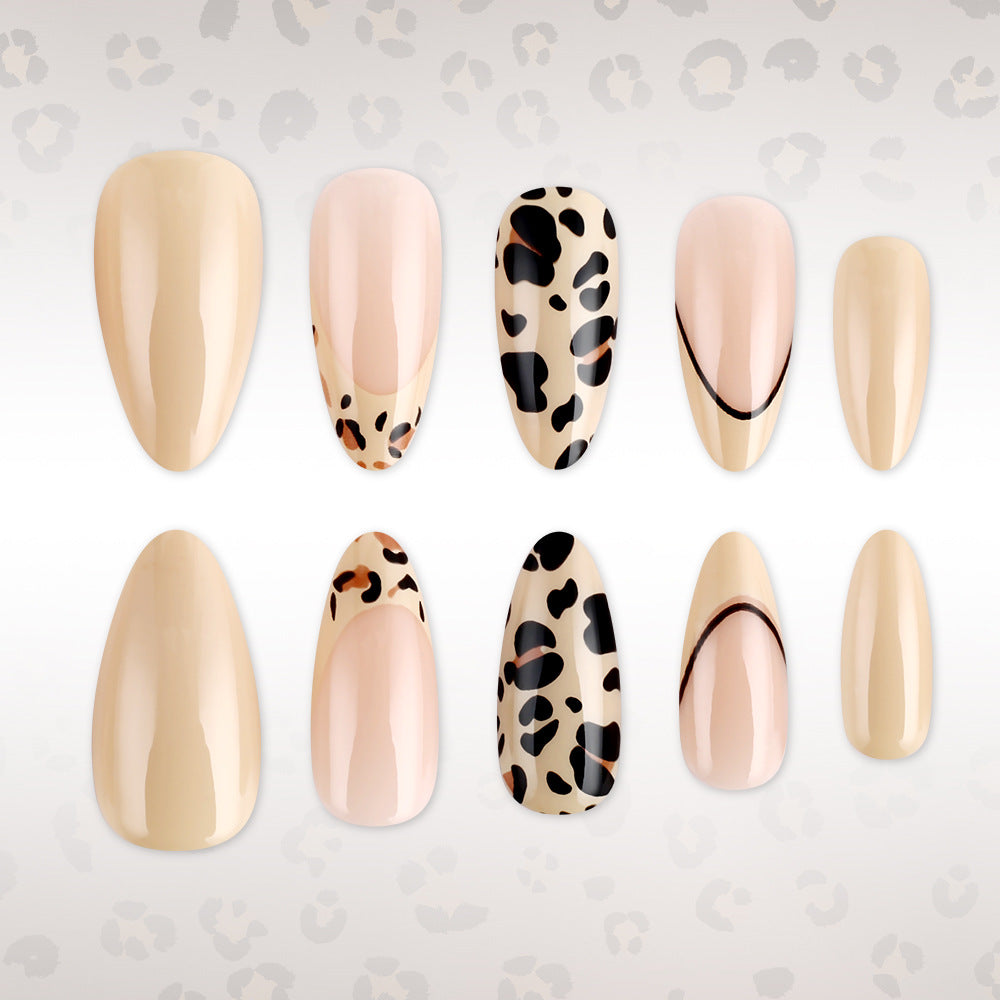 Safari Chic Medium Almond Beige with Leopard Accent Press On Nail Set