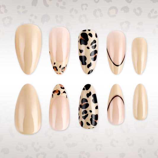 Safari Chic Medium Almond Beige with Leopard Accent Press On Nail Set