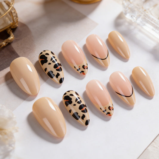 Wild Safari Vibes Medium Almond Beige Nails with Leopard Print Accent