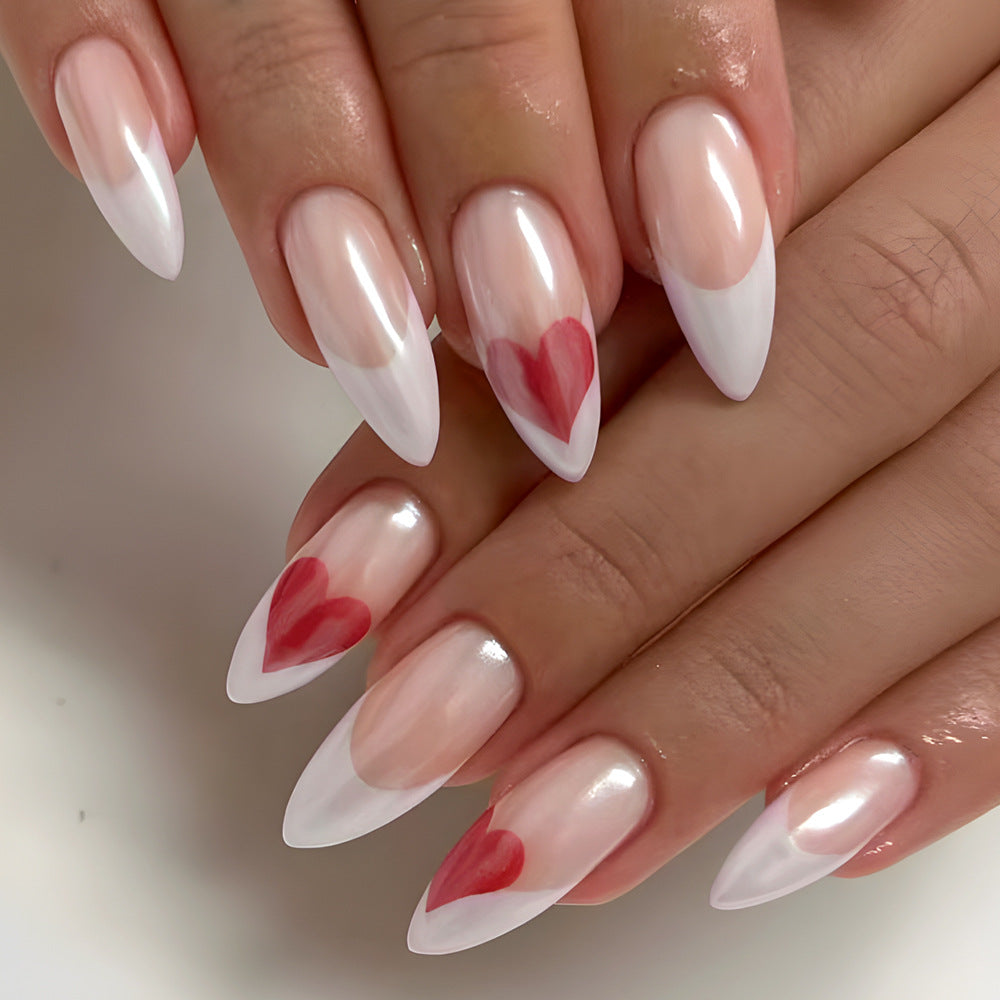 Romantic Heart Themed Long Almond Shaped Pink and White Press On Nail Set with Cute Heart Accents