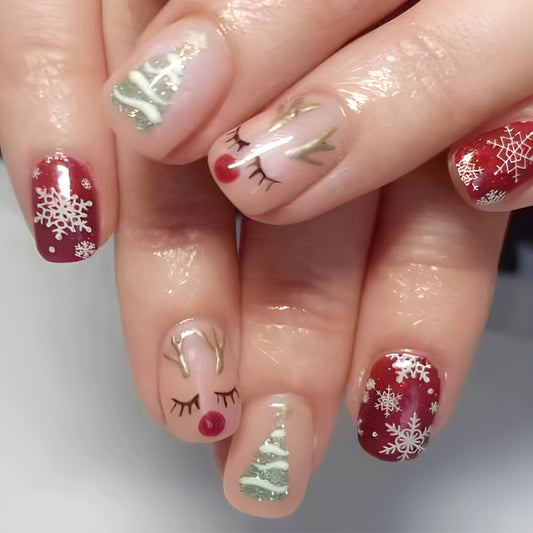 Festive Holiday Short Squoval Burgundy and Transparent with Whimsical Reindeer and Snowflake Design Press-On Nail Set
