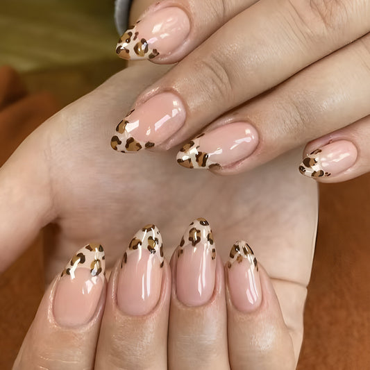 Wild Safari Long Almond Pink with Leopard Print Tips Press On Nail Set