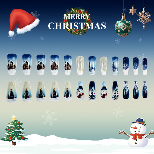 Winter Wonderland Long Coffin Blue and White Holiday-Themed Press On Nail Set