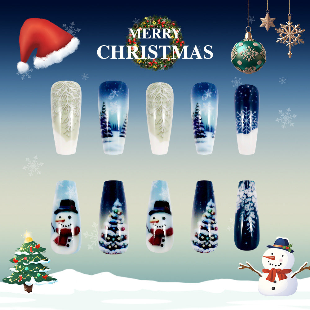 Festive Winter Wonderland Long Coffin Blue and White Snow Scene Press On Nail Set