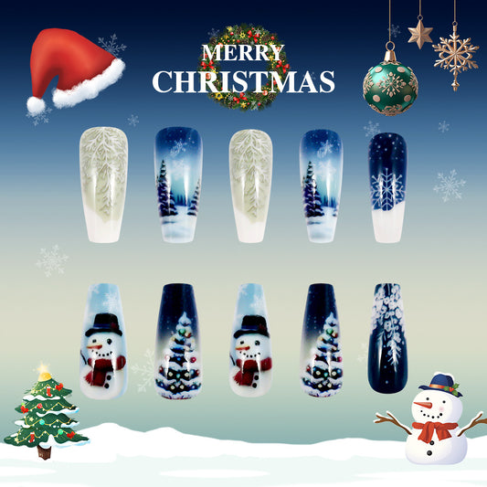 Festive Winter Wonderland Long Coffin Blue and White Snow Scene Press On Nail Set