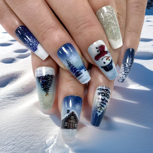 Winter Wonderland Long Coffin Blue and White Press-On Nail Set with Snowman and Pine Tree Art