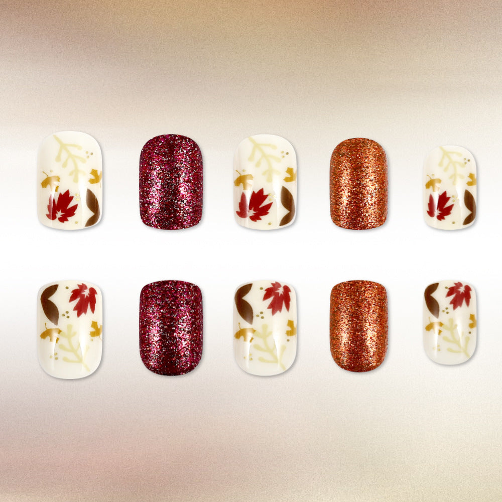 Autumn Elegance Short Square Red Glittering Leaf Design Press On Nail Set