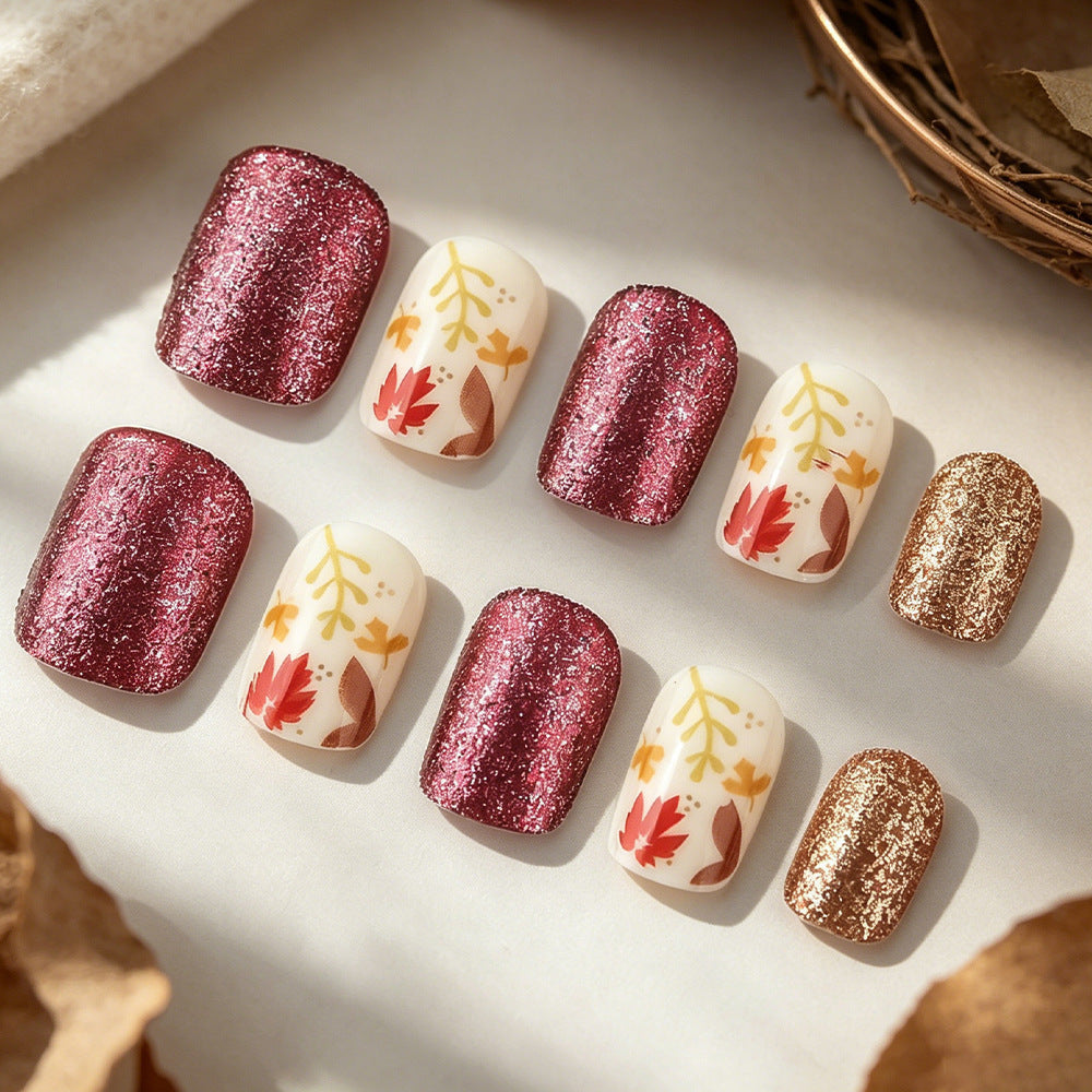 Autumn Elegance Short Square Burgundy Glitter Press On Nail Set