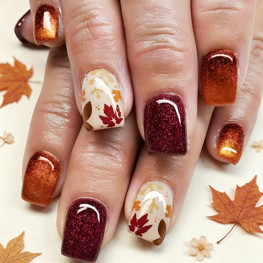 Fall Elegance Medium Square Burgundy and Glitter Gradient Press On Nail Set
