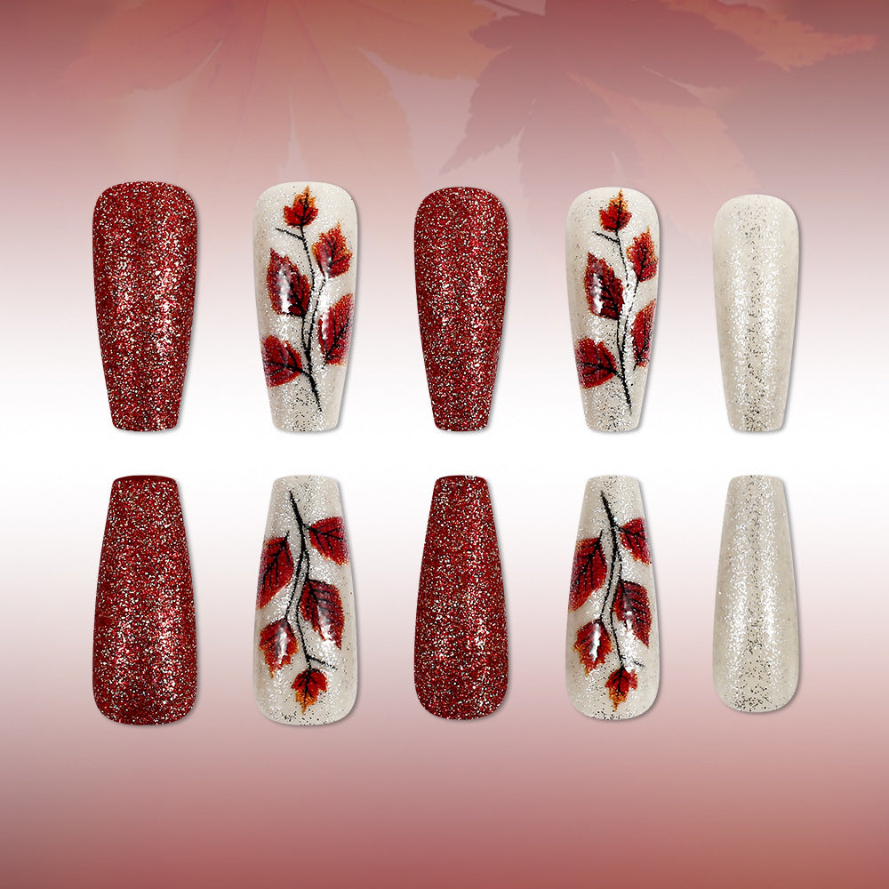 Autumn Elegance Medium Coffin Red Sparkle with Leaf Design Press On Nail Set