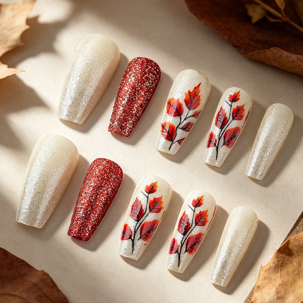 Autumn Elegance Long Coffin Red and Glittery Leaf Press On Nail Set