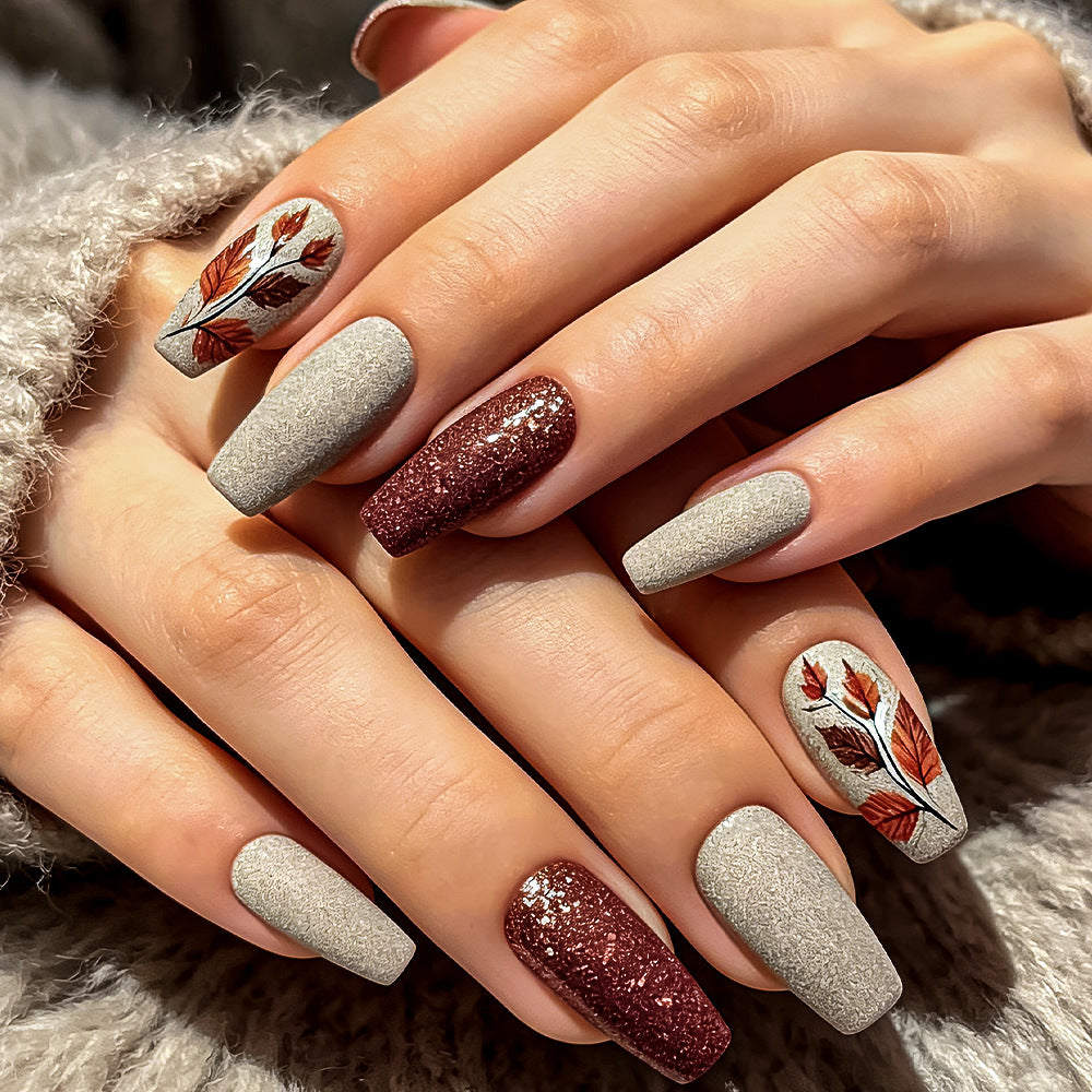 Autumn Elegance Long Coffin Gray and Burgundy Glitter Press On Nail Set