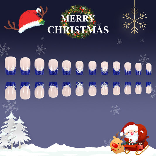 Set of Christmas-themed nail art designs with Santa Claus, reindeer, and snowflakes on a dark blue background.