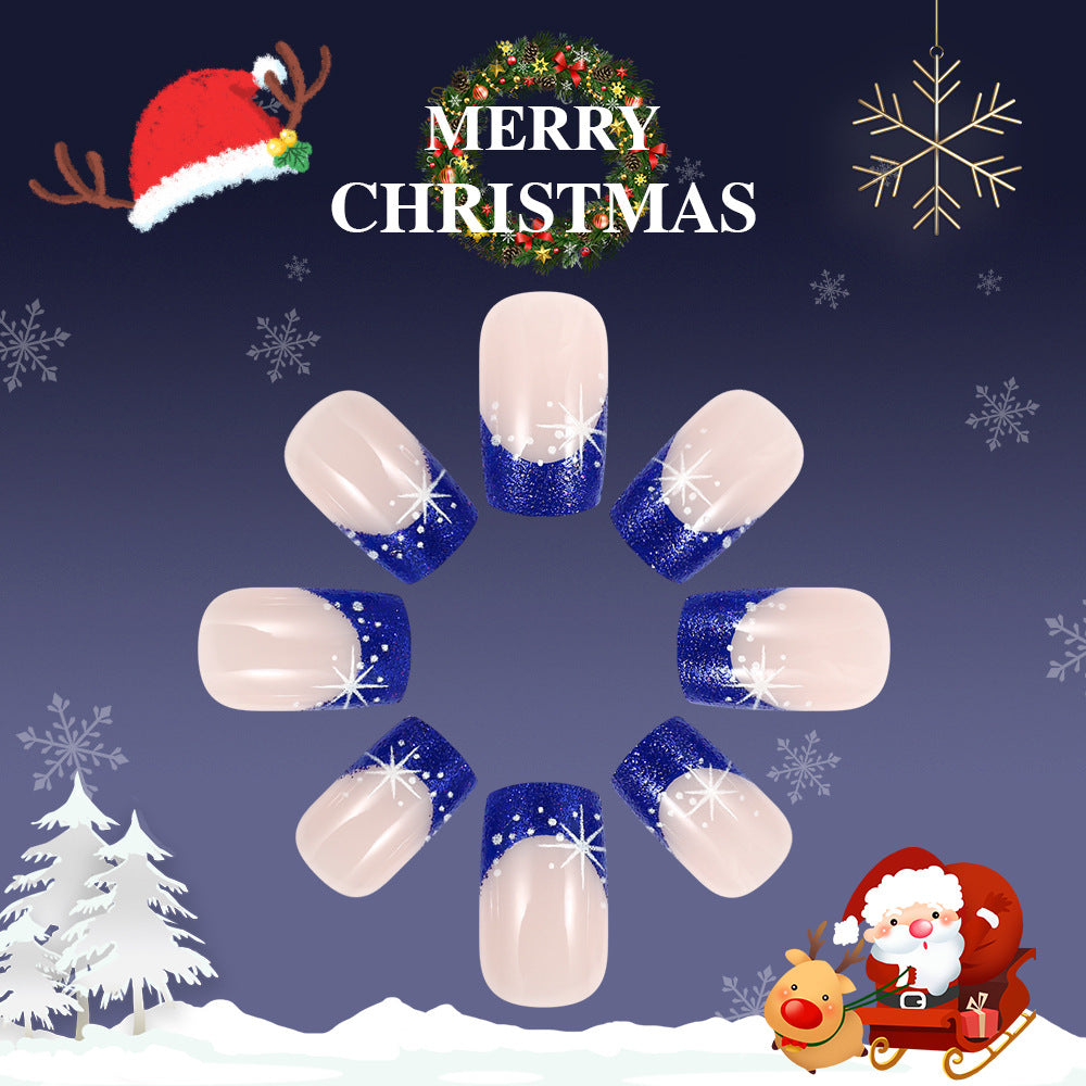 Festive Winter Wonderland Elegant Short Square Clear with Sparkling Blue Glitter and Snowflake Accents Press-On Nail Set