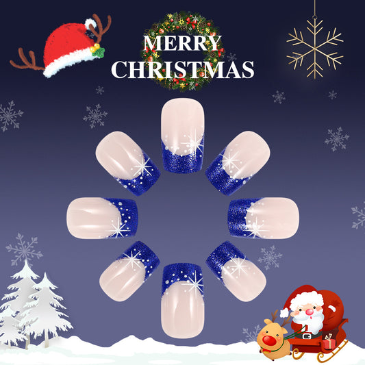 Festive Winter Wonderland Elegant Short Square Clear with Sparkling Blue Glitter and Snowflake Accents Press-On Nail Set