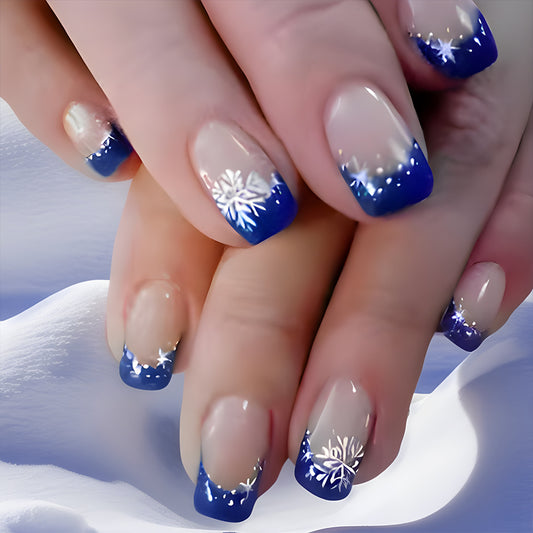 Winter Wonderland Elegant Short Square Blue Gradient Nail Set with Snowflake Accents