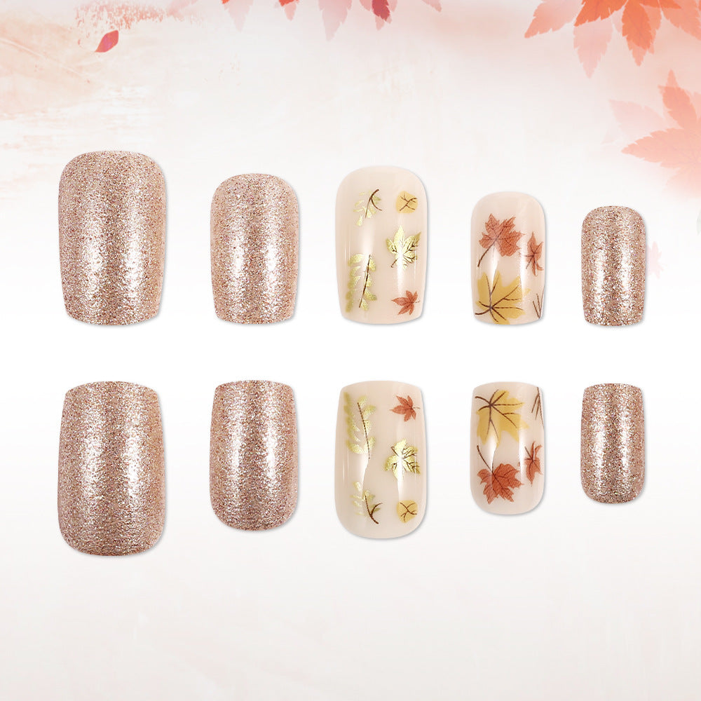 Autumn Elegance Short Square Rose Gold Glitter with Leaf Accents Nail Set