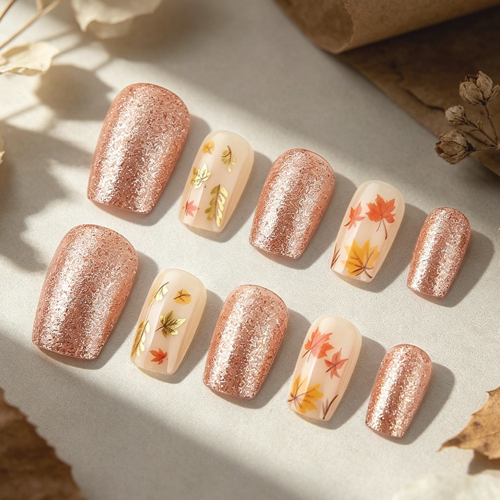 Autumn Bliss Short Square Rose Gold Glitter Press On Nail Set with Charming Leaf Accents