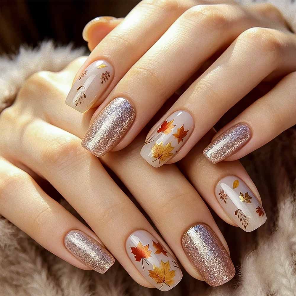 Autumn Elegance Medium Square Shimmering Nail Set with Leaf Design