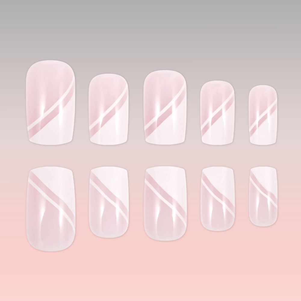 Elegant Bliss Medium Square Soft Pink Press On Nail Set with Charming Stripes