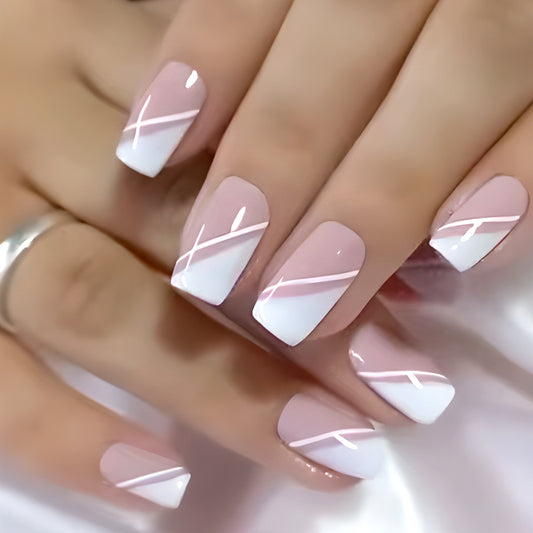 Chic Elegance Medium Square Shape Soft Pink and White Press On Nail Set with Stylish Stripes