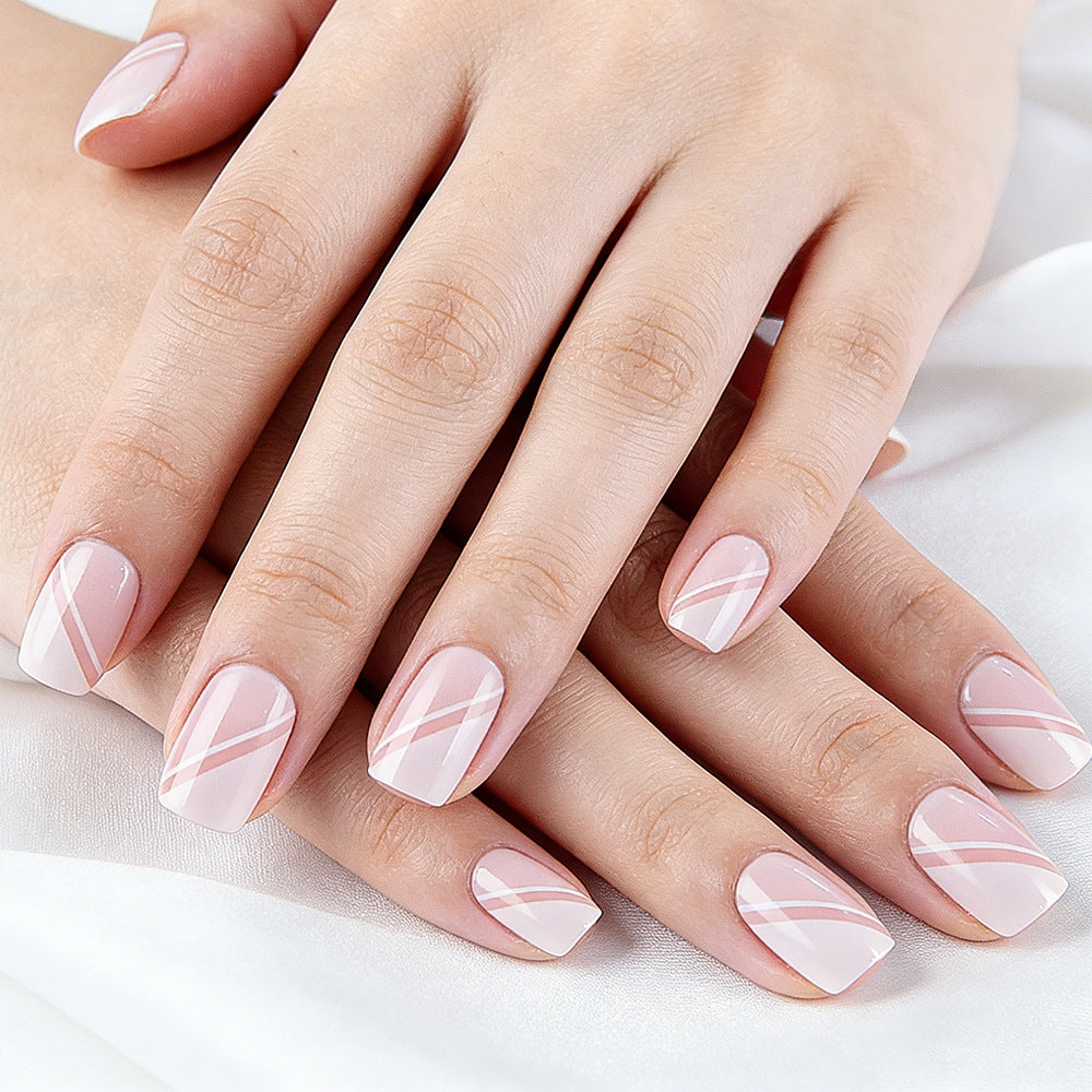 Elegant Pastel Short Square Press On Nail Set with Stylish Stripes
