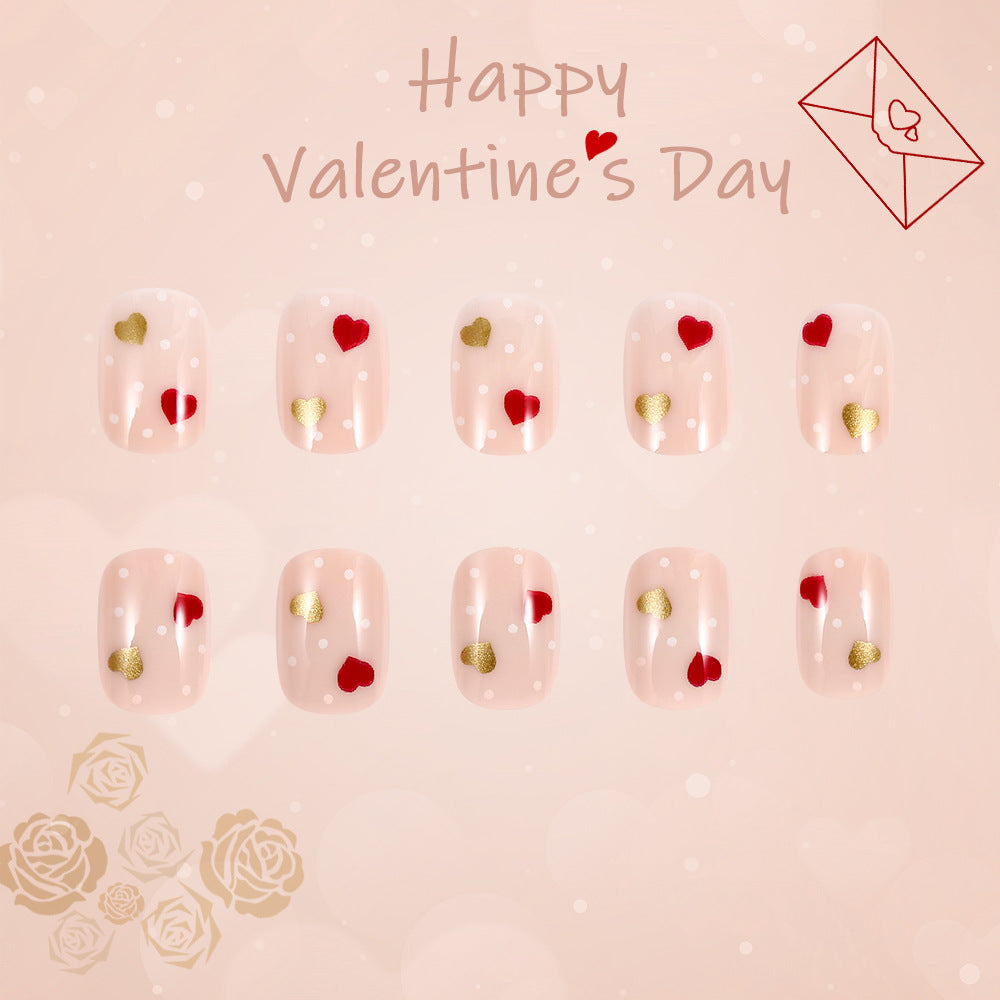 Charming Romance Short Squoval Beige Press on Nails with Red and Gold Heart Accents