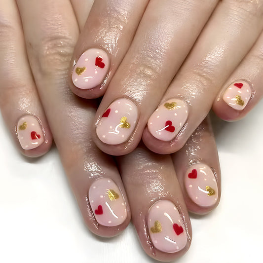 Heartfelt Romance Short Oval Pink Press On Nail Set with Gold and Red Heart Accents