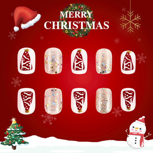 Festive Wonderland Short Square Red and Gold Glittery Christmas Themed Press on Nail Set