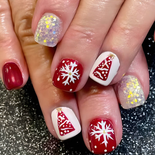Festive Holiday Themed Short Square Red and White Glittery Snowflake Nail Set