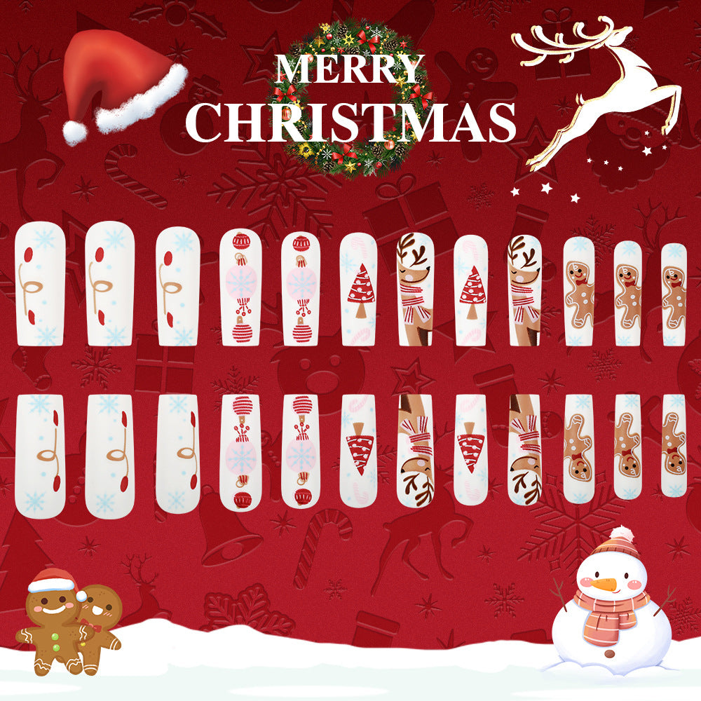 Festive Charm Long Coffin White with Christmas Themed Designs Press On Nail Set