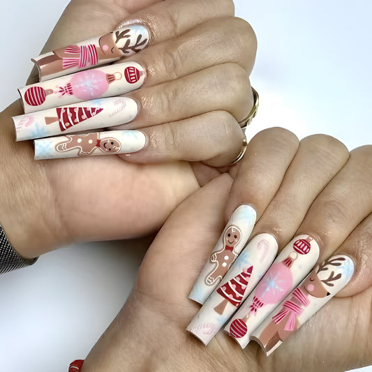 Festive Winter Wonderland Long Square Pink and White Holiday-Themed Press-On Nail Set with Whimsical Gingerbread and Reindeer Design