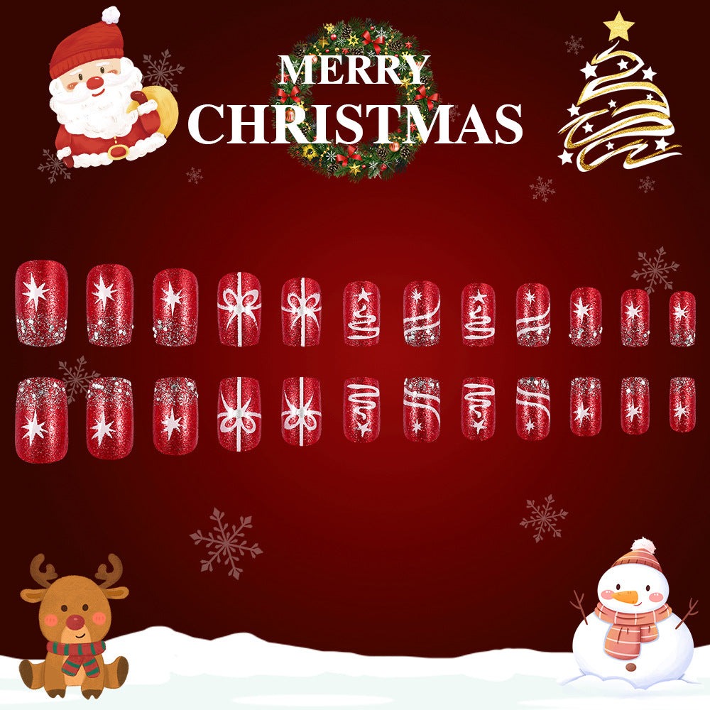 Festive Holiday Glam Red Short Square Press On Nail Set with Sparkling Glitter and Whimsical Christmas Designs