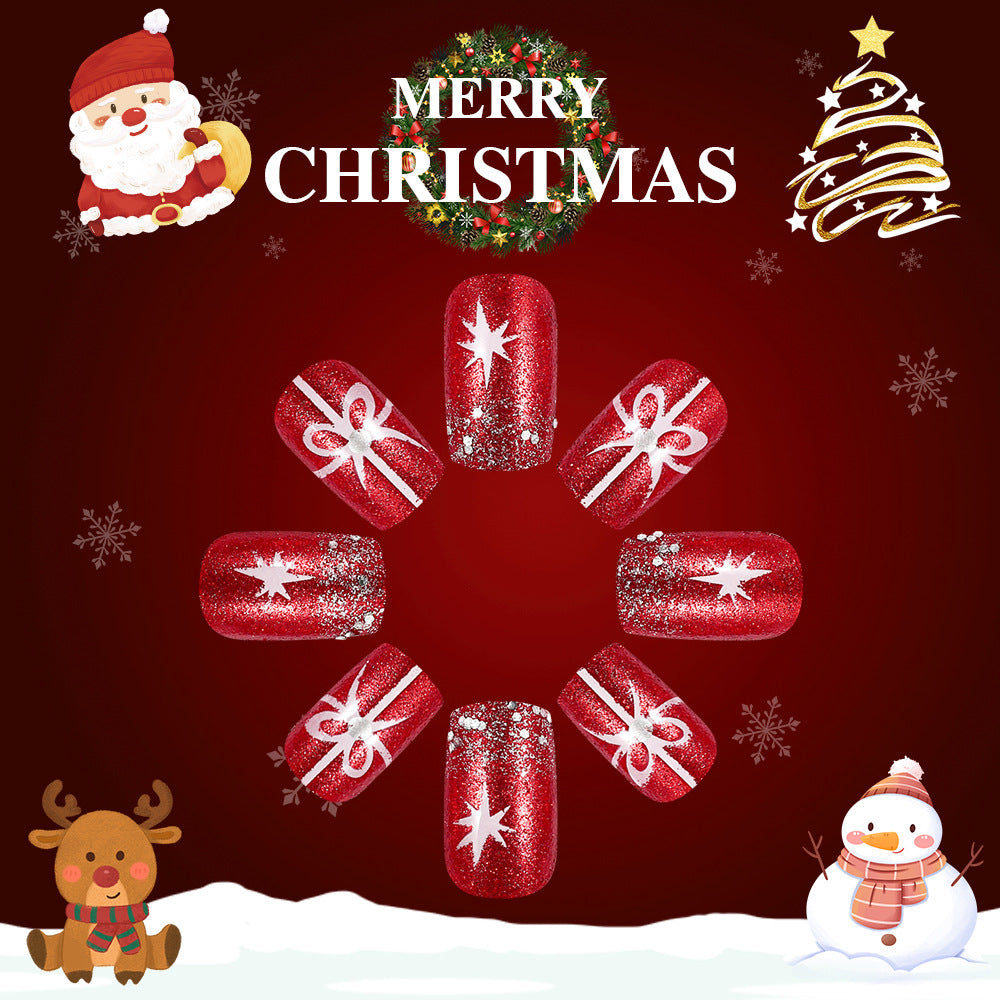 Festive Red Short Square Press On Nail Set with Glitter and Bow Accents