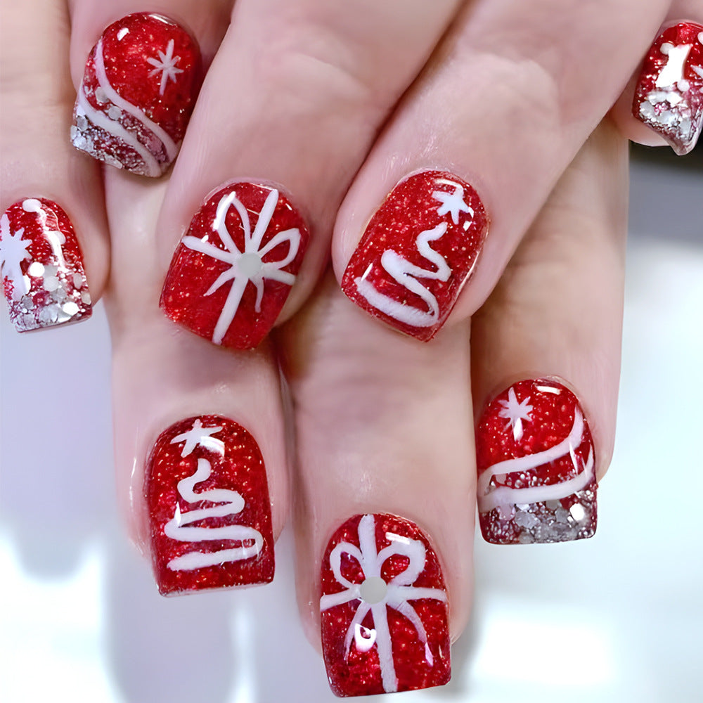 Festive Wonderland Short Square Glittery Red Press On Nail Set with Whimsical Holiday Designs