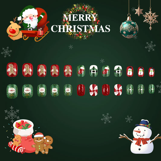 A set of press-on nails featuring a Christmas-themed design with a variety of red and green colors, and holiday motifs including Santa Claus, a reindeer, and snowflakes.