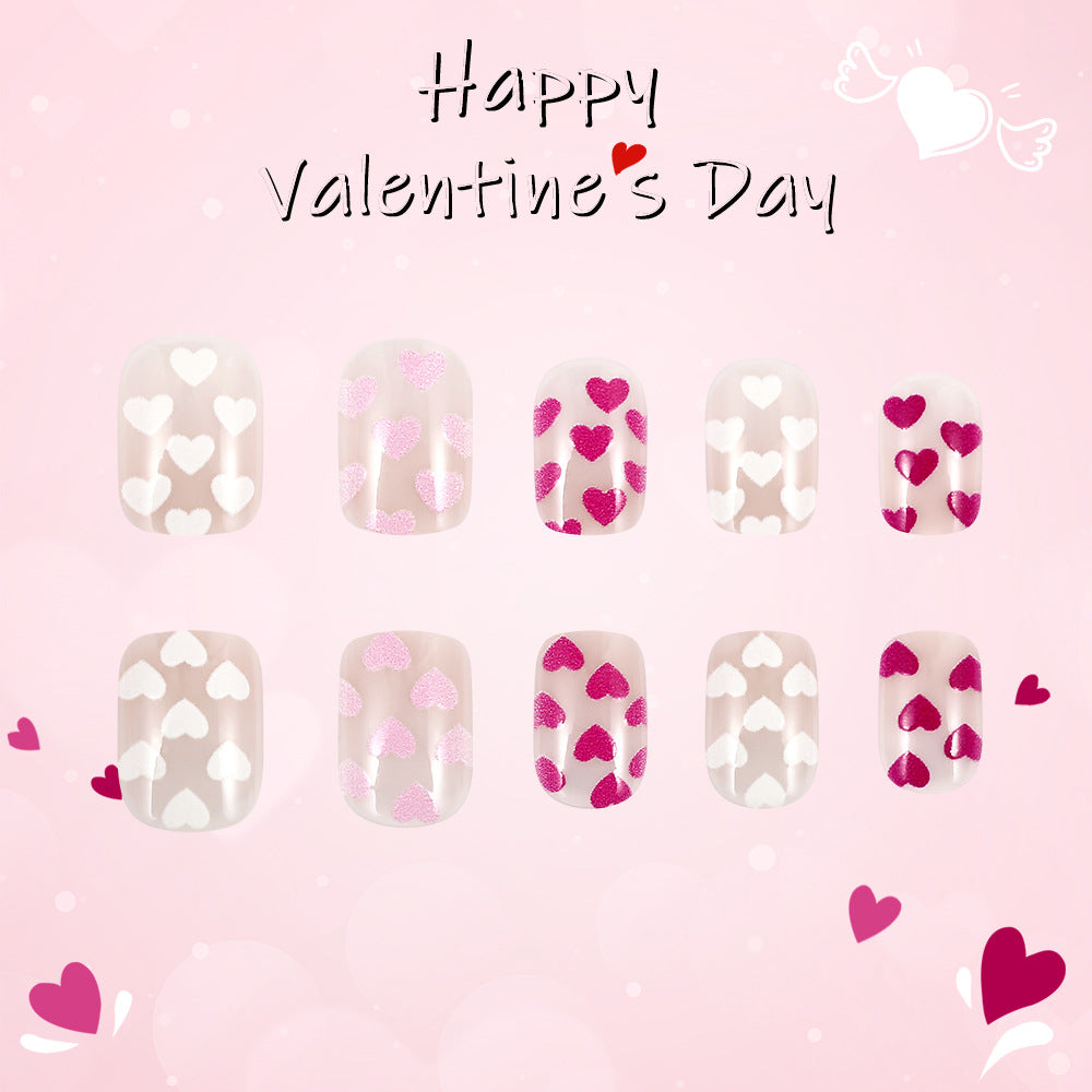 Charming Love Celebration Short Squoval Pink and White Heart Press On Nail Set with Glitter Accents